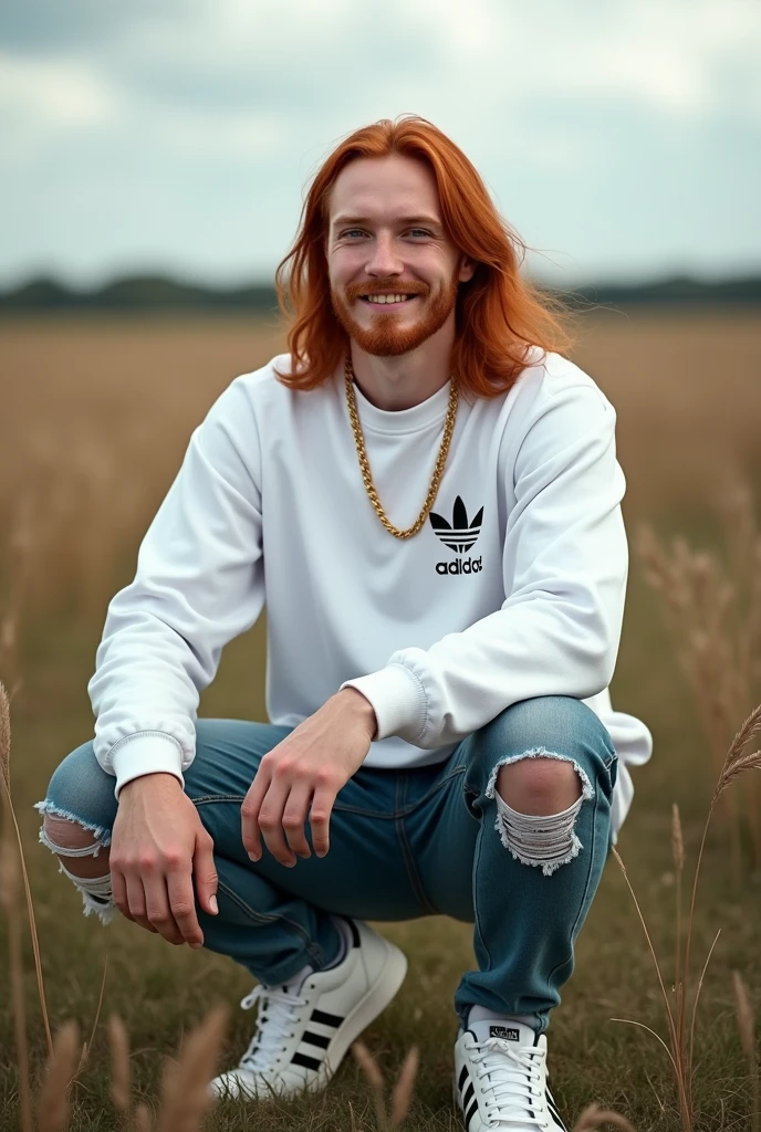 Make a young Germanic man he is red-haired, reddish, long hair, with green eyes, albino, he is 32 years old, He has 1,83 His appearance is robust and slightly handsome, your physique is robust, he is very white, He is a little calm and can get a good laugh out of his friends, he is wearing a white Adidas sweatshirt, a pair of dumped jeans, and a Nike sneaker, next to him a gold chain around his neck, he is in an open field a little cloudy without rain, with a slight smile on your face, photo realistic image.
