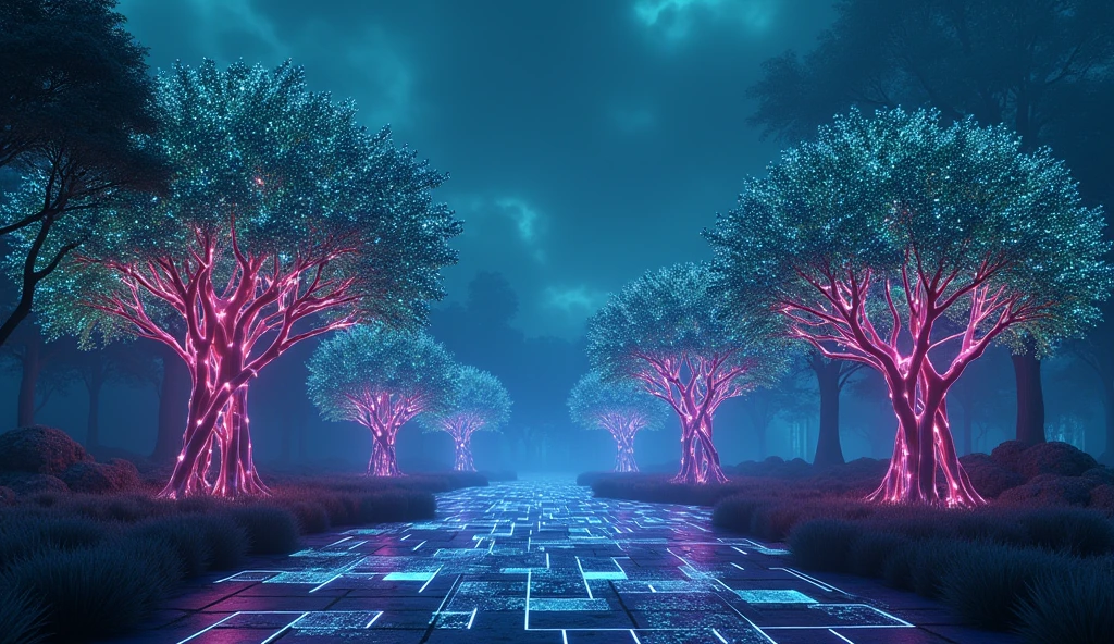 A futuristic digital forest at dusk, where the trees are made of luminous circuits and glowing wires instead of wood. The leaves are shaped like musical notes, glowing softly in shades of neon blue, green, and purple. The ground is covered with holographic patterns that pulse with light, and the sky above is a gradient of deep indigo with faint data streams flowing like clouds. The scene has a surreal, otherworldly atmosphere, blending nature and technology harmoniously