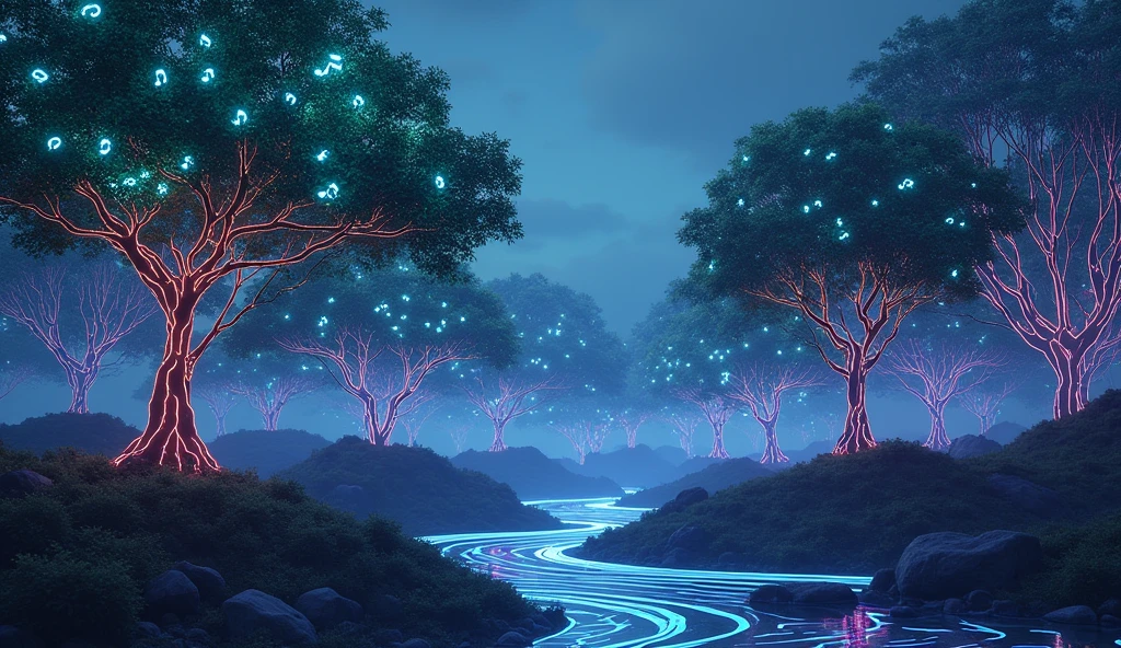 A futuristic digital forest at dusk, where the trees are made of luminous circuits and glowing wires instead of wood. The leaves are shaped like musical notes, glowing softly in shades of neon blue, green, and purple. The ground is covered with holographic patterns that pulse with light, and the sky above is a gradient of deep indigo with faint data streams flowing like clouds. The scene has a surreal, otherworldly atmosphere, blending nature and technology harmoniously
