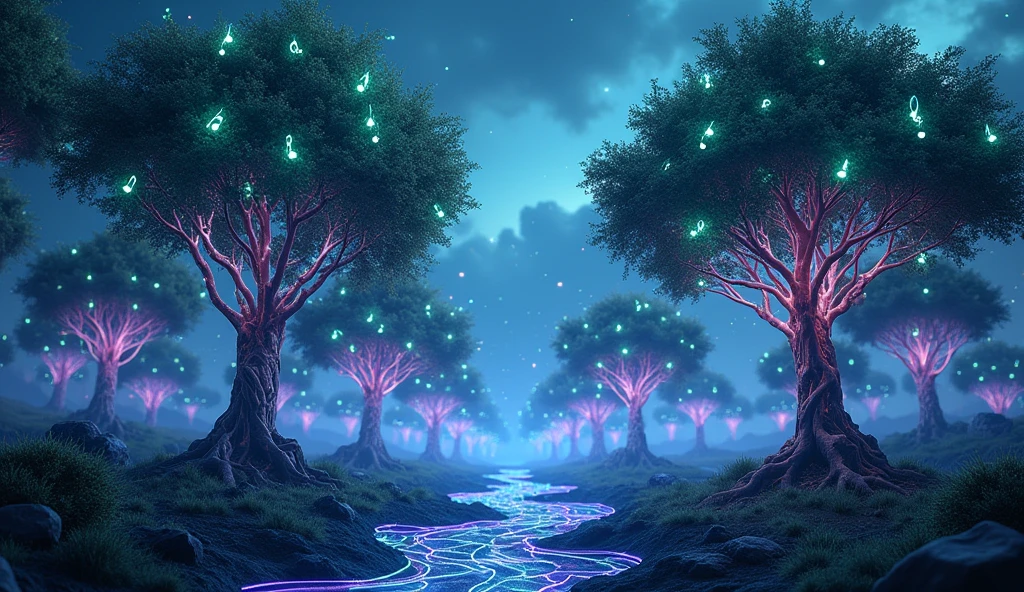 A futuristic digital forest at dusk, where the trees are made of luminous circuits and glowing wires instead of wood. The leaves are shaped like musical notes, glowing softly in shades of neon blue, green, and purple. The ground is covered with holographic patterns that pulse with light, and the sky above is a gradient of deep indigo with faint data streams flowing like clouds. The scene has a surreal, otherworldly atmosphere, blending nature and technology harmoniously