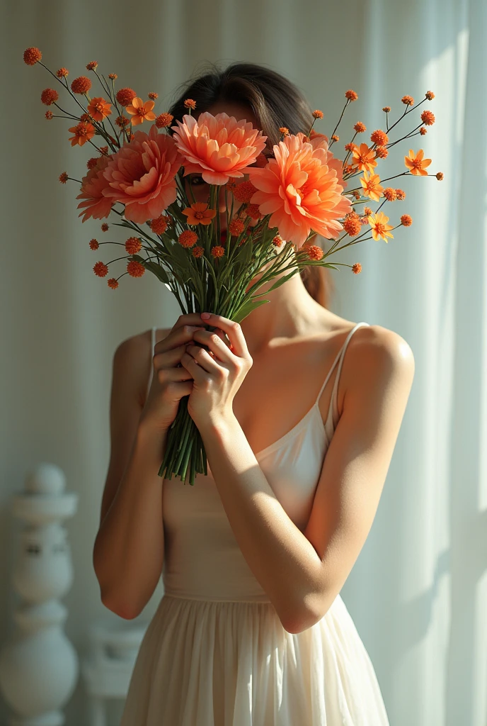whole body、Hiding her face with a bouquet of flowers、Beautiful woman