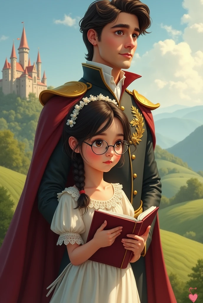 a shy girl holding a notebook, she wears glasses, behind is a prince