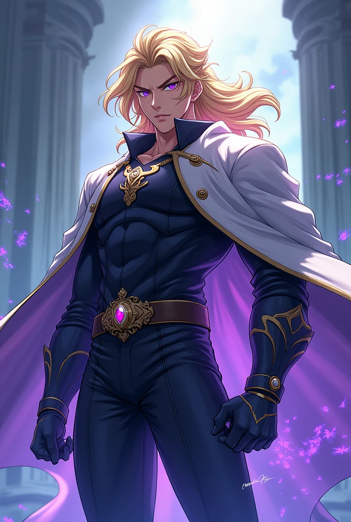 An anime servant man with blonde hair,violet eyes,wide shoulders