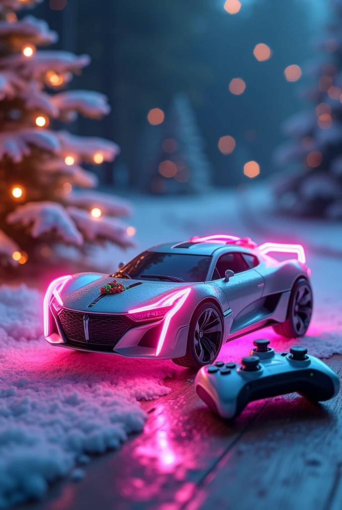 Christmas themed toy car with neon lights and an analog controller