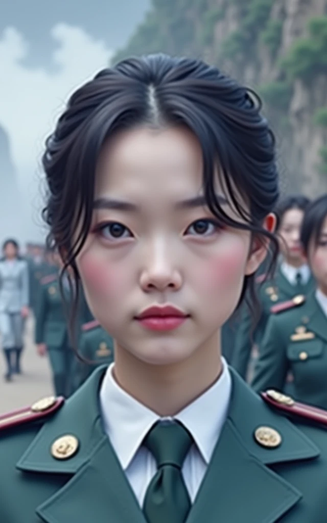 Chinese female soldiers,walking in a row