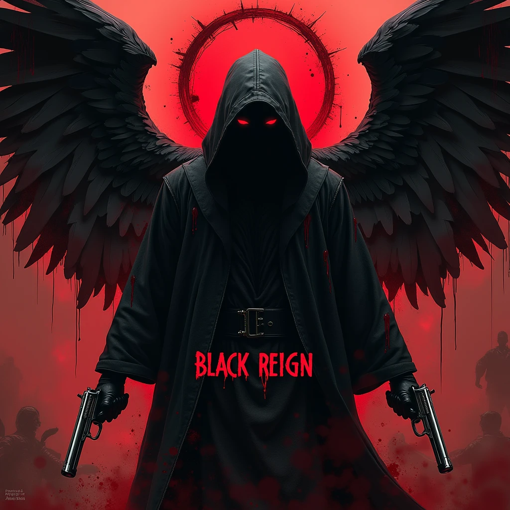 Black hooded man, mysterious, red eyes, bloody angel halo above head, black angel wings, bloody background, holding two pistols, word “Black Reign” in large text below it, hyper realism, logo
