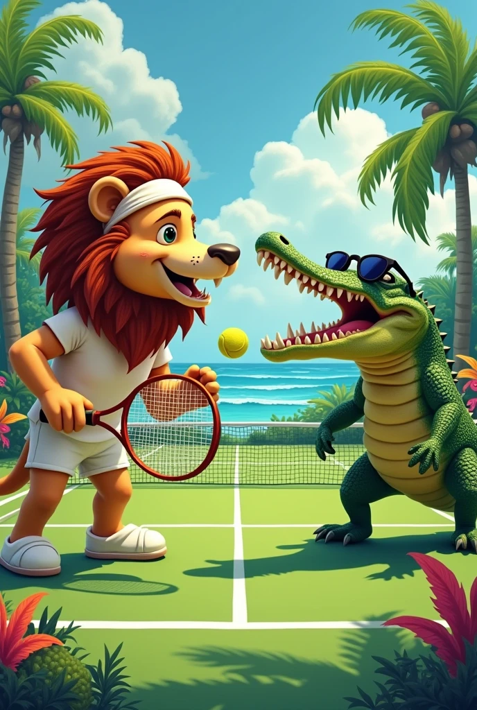 Lion and crocodile playing tennis