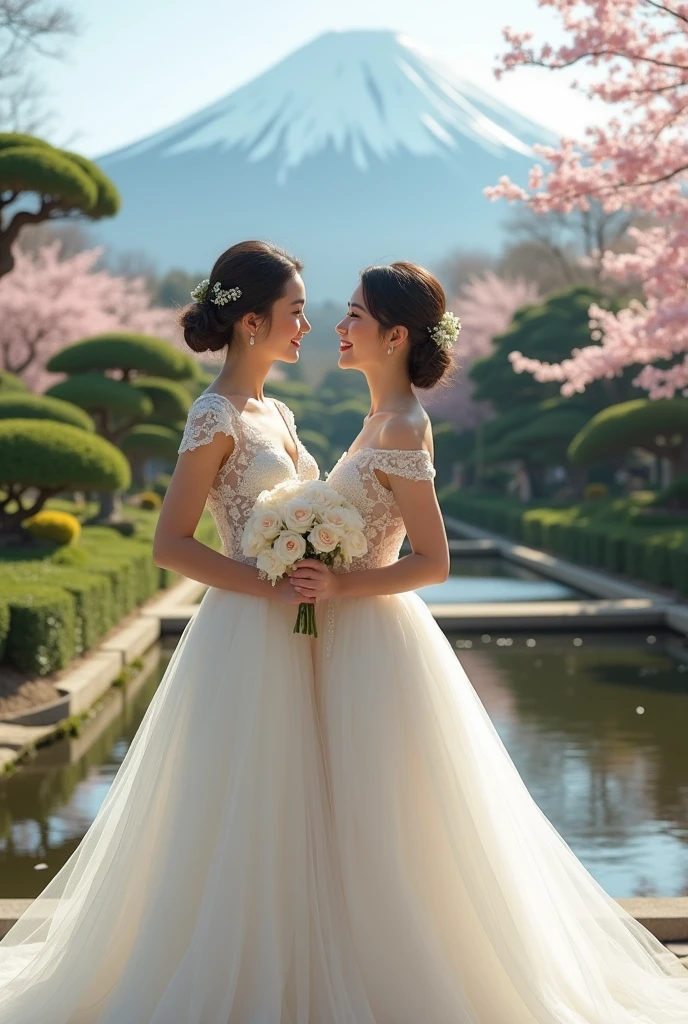 Photo realistic modern lesbian Japanese wedding with western style elegant wedding gowns