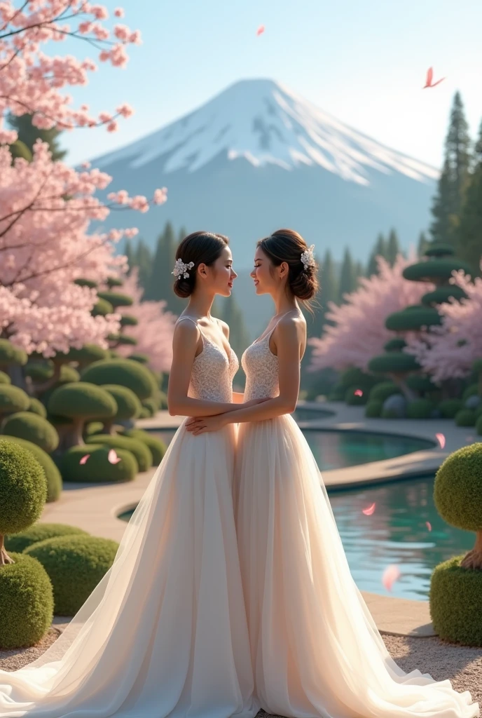 Photo realistic modern lesbian Japanese wedding with western style elegant wedding gowns
