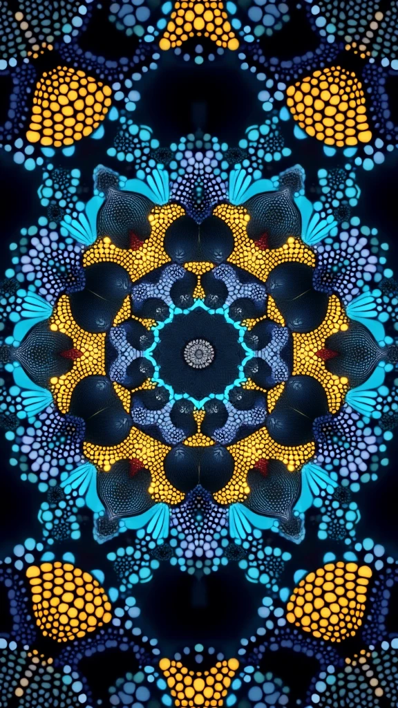 A surreal and disturbing kaleidoscopic pattern inspired by trypophobia, featuring multiple layers of small, closely-packed holes resembling those found in lotus pods. The holes are arranged symmetrically in intricate, repeating patterns, creating a mesmerizing yet unsettling visual effect. The colors include a vivid mix of deep blues and bright yellows, with the holes appearing dark and glossy. The kaleidoscope effect is enhanced by light reflecting and passing through the holes, creating a shimmering, translucent quality that adds a layer of depth and complexity. Additionally, the image features a multi-exposure effect, with overlapping patterns that seem to shift and blur, giving the impression of multiple layers in motion. This combination of elements results in a hypnotic and eerie visual experience, blending the allure of bright colors with the discomfort of trypophobia.