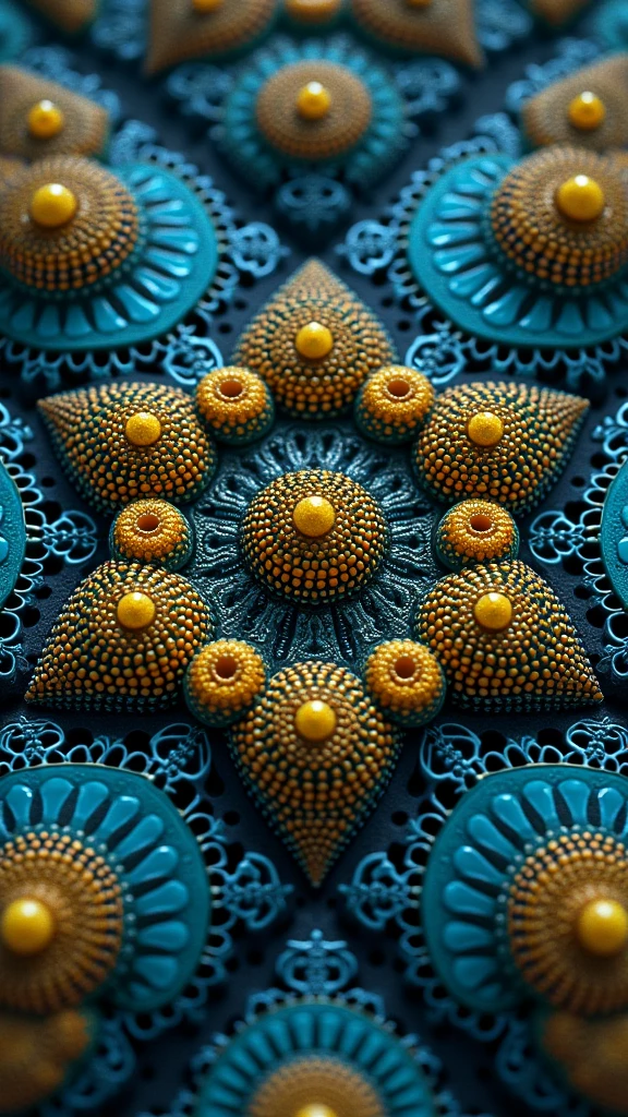 A surreal and disturbing kaleidoscopic pattern inspired by trypophobia, featuring multiple layers of small, closely-packed holes resembling those found in lotus pods. The holes are arranged symmetrically in intricate, repeating patterns, creating a mesmerizing yet unsettling visual effect. The colors include a vivid mix of deep blues and bright yellows, with the holes appearing dark and glossy. The kaleidoscope effect is enhanced by light reflecting and passing through the holes, creating a shimmering, translucent quality that adds a layer of depth and complexity. Additionally, the image features a multi-exposure effect, with overlapping patterns that seem to shift and blur, giving the impression of multiple layers in motion. This combination of elements results in a hypnotic and eerie visual experience, blending the allure of bright colors with the discomfort of trypophobia.