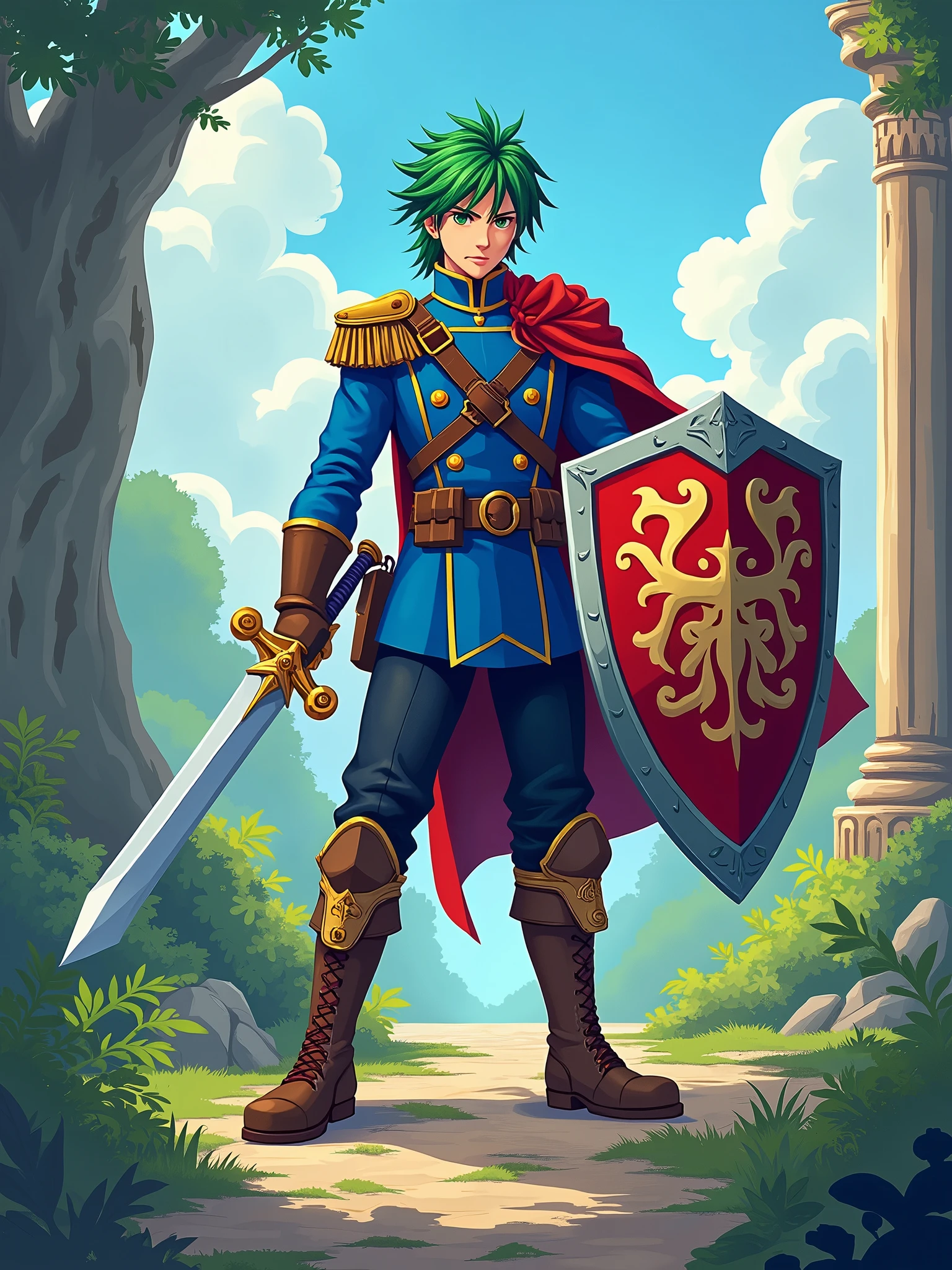 Final fantasy style, pixelated, character, cartoon, RPG character, legendary hero, 2D game isometric art, masterpiece, super detailing, holding sword in one hand and shield with coat of arms in other hand, digital quality at best , (blue military uniform), (green hair), (red fabric tied on the left shoulder).