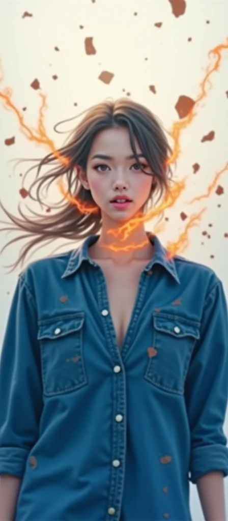 face portrait of MeiyuCipher 1girl orange spike aura in motion, damaged chinese clothes, floating pieces, trending on artstation, sharp focus, intricate details, highly detailed, detailed face (ink and watercolor painting, brushstrokes, by Russ Mills and Yoji Shinkawa) best quality, absurdres, (negative space) ,