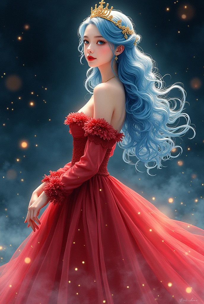 Ayami kojima/Kojima Fumi style, Watercolor illustration, manga vibes, slim figure, black background. 1girl, 独奏, blue curly hair, crown, Victorian goddess dress, red clothes. Sparkles stars, magic dust.
