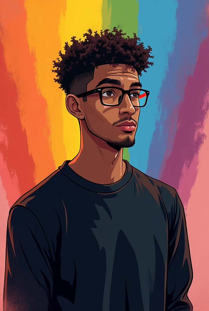 a young brown man with light skin, sem beard, Scrawny, with short curly hair, wearing glasses, with a black sweatshirt, large nose, a serious expression and a rainbow lgbt background