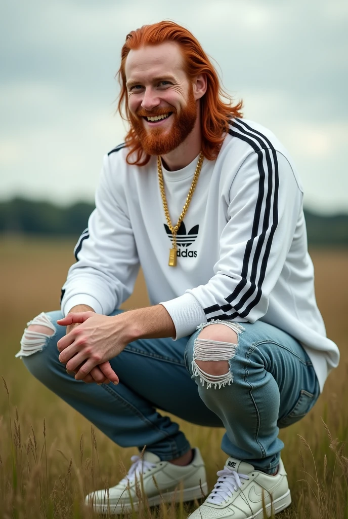 Make a young Germanic man he is red-haired, reddish, long hair, with green eyes, albino, he is 32 years old, He has 1,83 His appearance is robust and slightly handsome, your physique is robust, he is very white, He is a little calm and can get a good laugh out of his friends, he is wearing a white Adidas sweatshirt, a pair of dumped jeans, and a Nike sneaker, next to him a gold chain around his neck, he is in an open field a little cloudy without rain, with a slight smile on your face, photo realistic image.
