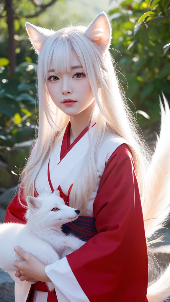 White Demon Fox、Nine-tailed Fox、Japanese women、kimono、Fair skin、Red lines on face、8K、I have long hair