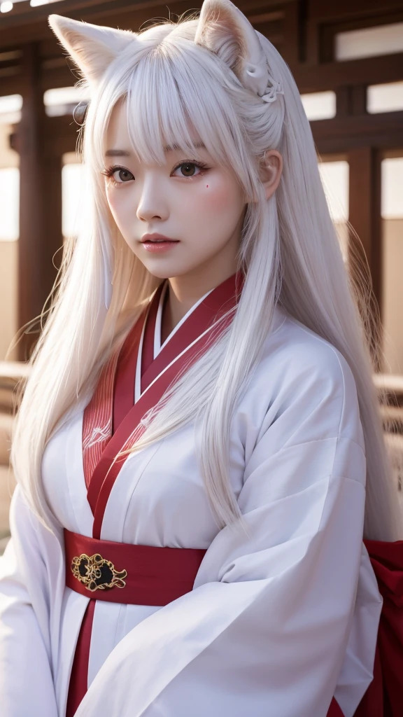 White Demon Fox、Nine-tailed Fox、Japanese women、kimono、Fair skin、Red lines on face、8K、I have long hair