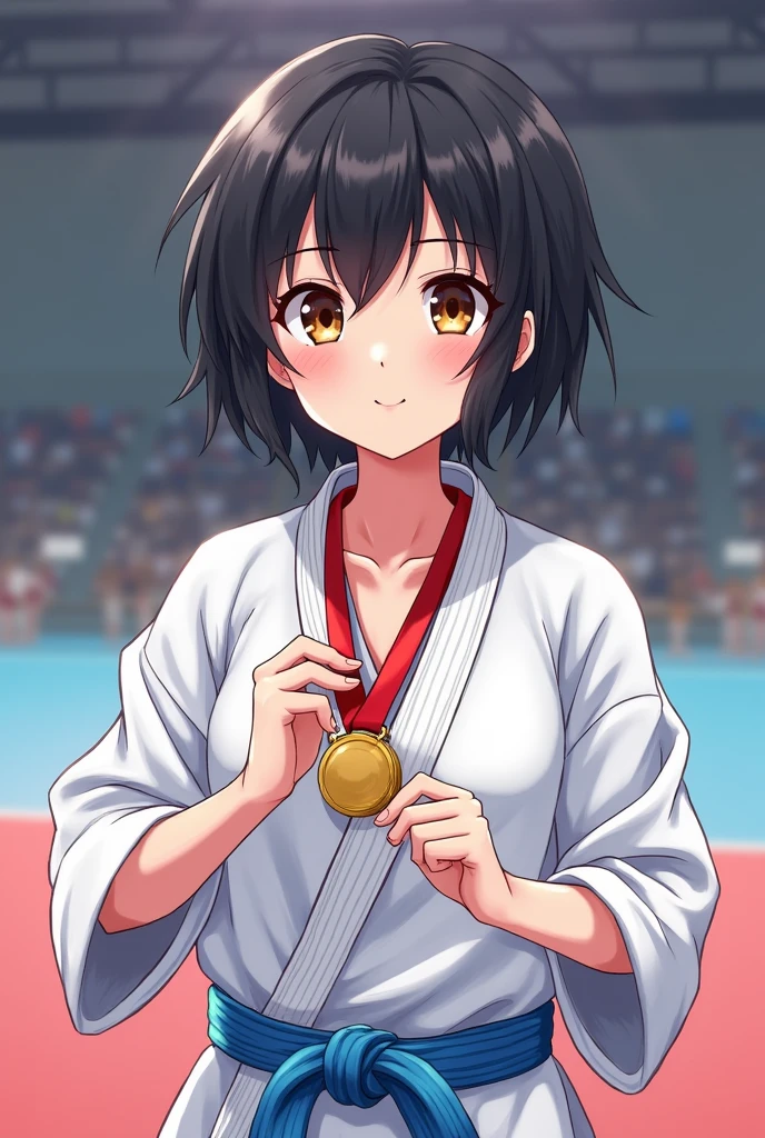 20 year old athletic build female girl, short stature, light skinned, with amber eyes, one darker than the other, hair down to the neck a little messy black color, with a friendly expression, dressed in karategi and light blue belt, in a federated competition receiving a medal, manga style