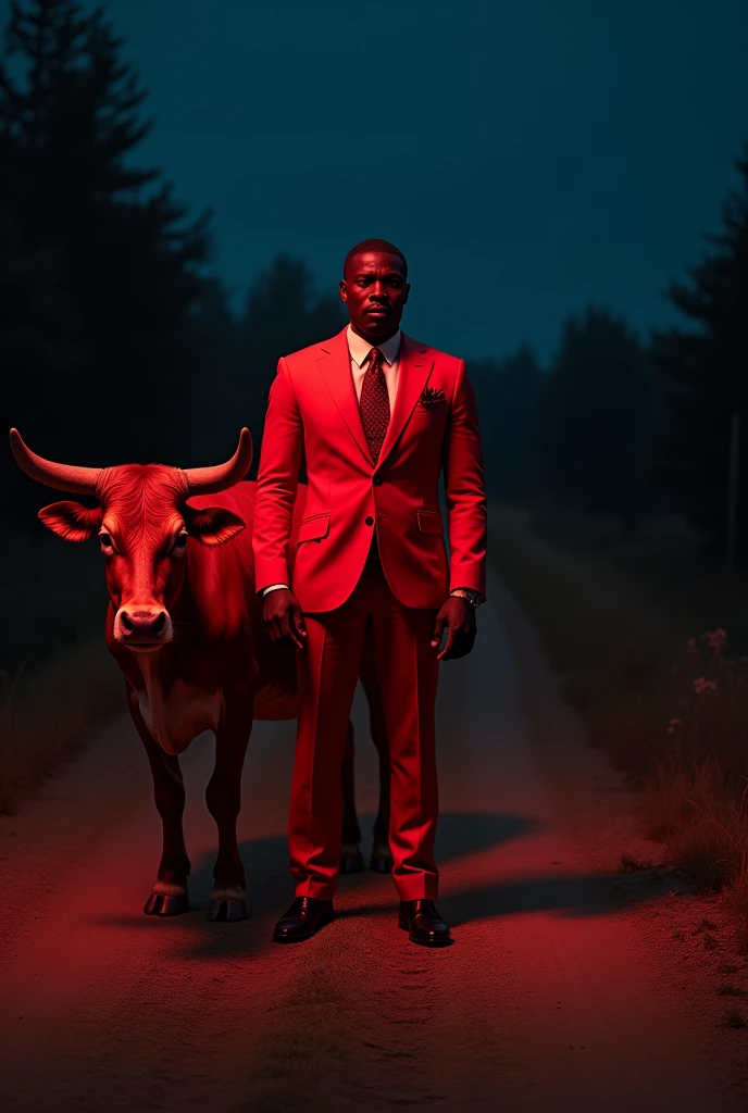 Black man in red suit on a dirt road at night with a red ox 