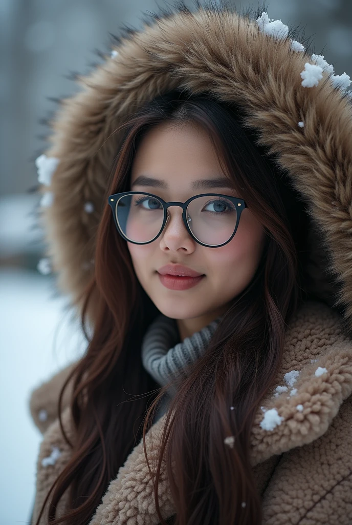 (Tabletop、highest qualそれy、8k、Award-winning works、Ultra-high resolution)、A beautiful Filipina woman、(thick and big fur coat:1.3)、(A high-quality coat filled with fluffy fur:1.2)、Brown Hair、(Long Wavy Hair:1.1)、Great cinema lighting、(The most romantic and moody atmosphere:1.1)、winter、Snow Scene、it&#39;s snowing、(Walking in the snow in Northern Europe:1.1)、look at me、(Very large breasts:1.1)、Blurred Background、Accurate anatomy、Ultra HD Hair、Ultra-high resolution for perfect, beautiful teeth、Ultra-high definそれion beauty face、Ultra HD Hair、Ultra-high resolutionの輝く瞳、Shining, Ultra-high resolution beautiful skin、Ultra-high resolutionの艶やかな唇、(Face close-up:1.1)、(Elegant round glasses:1.1)