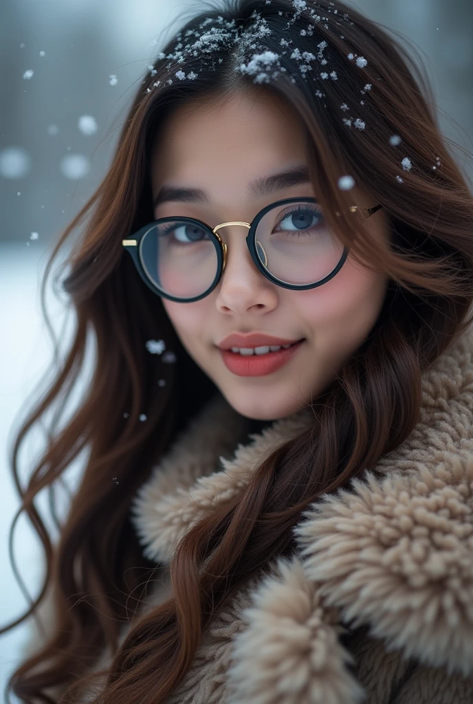 (Tabletop、highest qualそれy、8k、Award-winning works、Ultra-high resolution)、A beautiful Filipina woman、(thick and big fur coat:1.3)、(A high-quality coat filled with fluffy fur:1.2)、Brown Hair、(Long Wavy Hair:1.1)、Great cinema lighting、(The most romantic and moody atmosphere:1.1)、winter、Snow Scene、it's snowing、(Walking in the snow in Northern Europe:1.1)、look at me、(Very large breasts:1.1)、Blurred Background、Accurate anatomy、Ultra HD Hair、Ultra-high resolution for perfect, beautiful teeth、Ultra-high definそれion beauty face、Ultra HD Hair、Ultra-high resolutionの輝く瞳、Shining, Ultra-high resolution beautiful skin、Ultra-high resolutionの艶やかな唇、(Face close-up:1.1)、(Elegant round glasses:1.1)