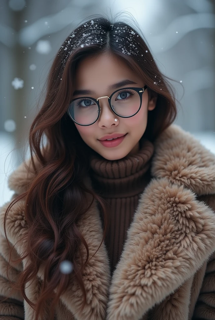 (Tabletop、highest qualそれy、8k、Award-winning works、Ultra-high resolution)、A beautiful Filipina woman、(thick and big fur coat:1.3)、(A high-quality coat filled with fluffy fur:1.2)、Brown Hair、(Long Wavy Hair:1.1)、Great cinema lighting、(The most romantic and moody atmosphere:1.1)、winter、Snow Scene、it&#39;s snowing、(Walking in the snow in Northern Europe:1.1)、look at me、(Very large breasts:1.1)、Blurred Background、Accurate ???????、Ultra HD Hair、Ultra-high resolution for perfect, beautiful teeth、Ultra-high definそれion beauty face、Ultra HD Hair、Ultra-high resolutionの輝く瞳、Shining, Ultra-high resolution beautiful skin、Ultra-high resolutionの艶やかな唇、(Face close-up:1.1)、(Elegant round glasses:1.1)