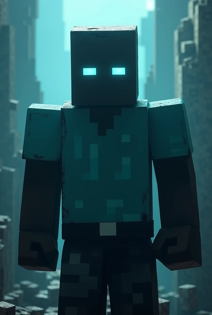 Minecraft Herobrine with white eyes and his muscular square body wearing a light blue shirt
