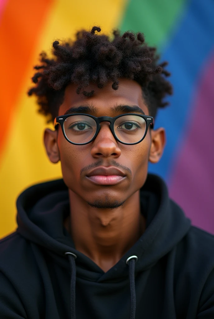 a young brown man with light skin, Scrawny, with short curly hair, wearing glasses, with a black sweatshirt, large nose, a serious expression and a rainbow lgbt background