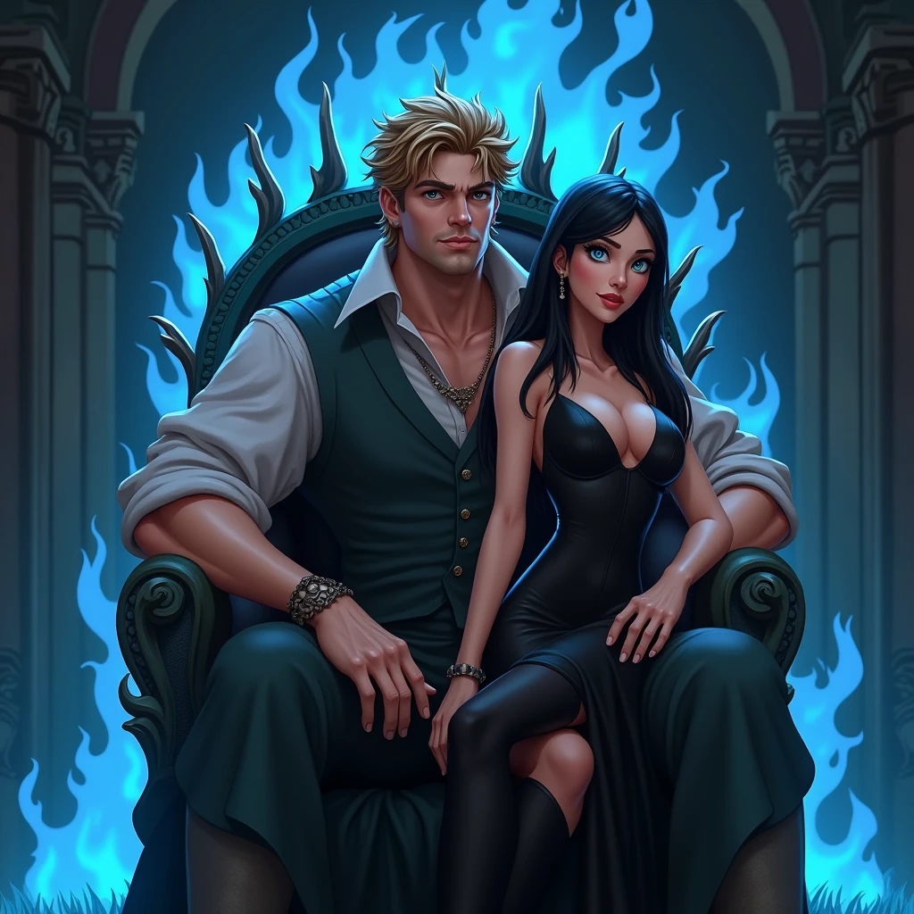 a man with green eyes, sitting nonchalantly on a throne of blue flaming bones, He has light brown hair, almost blonde, He is half muscular, exudes power and dominance, It is very attractive, is in a dark and gloomy place, He has a black shirt and black pants. ((A woman sitting on her legs)) The young and beautiful woman is intense blue eyes, long, straight, jet-black hair, she is very beautiful, hips a little wide, medium breasts, slim. She is wearing a tight and beautiful elegant black dress, which has a V-neckline and a leg slit. It's like a metaphor for Hades and Persephone. animated art...