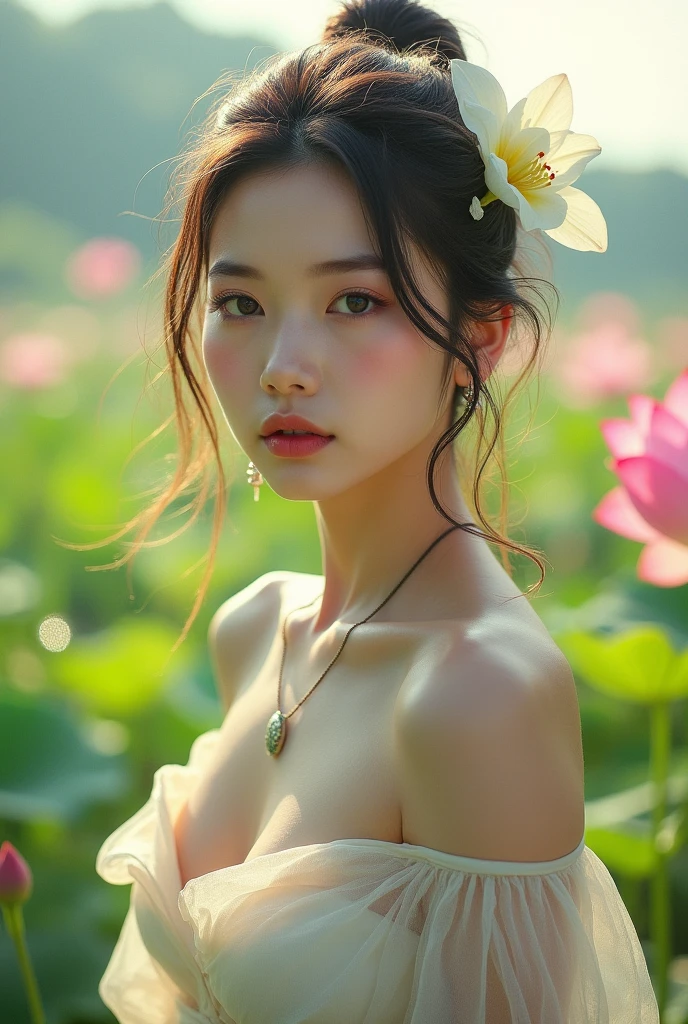 Portrait of lovely woman in bright windy field, Portrait of a beautiful woman on a bright windy field, Lotus leaf background, Water flow, Lotus stem, Lotus leaf, Lotus flower, (Backlight), Detail, Realistic, Upper body, Best quality, Detail, Serious, In the dark, blooming, [[Chromatic aberration], Natural skin texture, Red, Head wearing lilies, Hair tied up, Clive Archie, Medium breasts, Areola, Upturned nipples, Earrings, Necklace, Smile, Transparent, wearing a transparent white dress, Broken shoulder strap