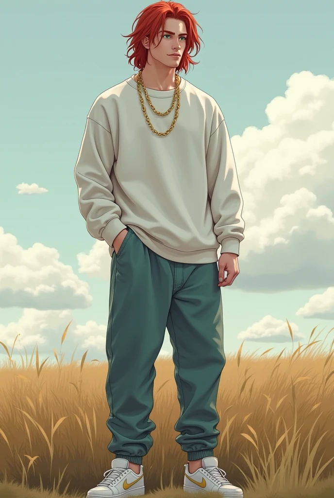 Make a young Germanic man with a slightly Asian appearance, He's a redhead, reddish, long hair, with green eyes, albino, he is 32 years old, He has 1,83 His appearance is robust and slightly handsome, your physique is robust, he is very white, He is a little calm and can get a good laugh out of his friends, he is wearing a white Adidas sweatshirt, a pair of dumped jeans, and a Nike sneaker, next to him a gold chain around his neck, he is in an open field a little cloudy without rain, with a slight smile on your face, photo realistic image.
