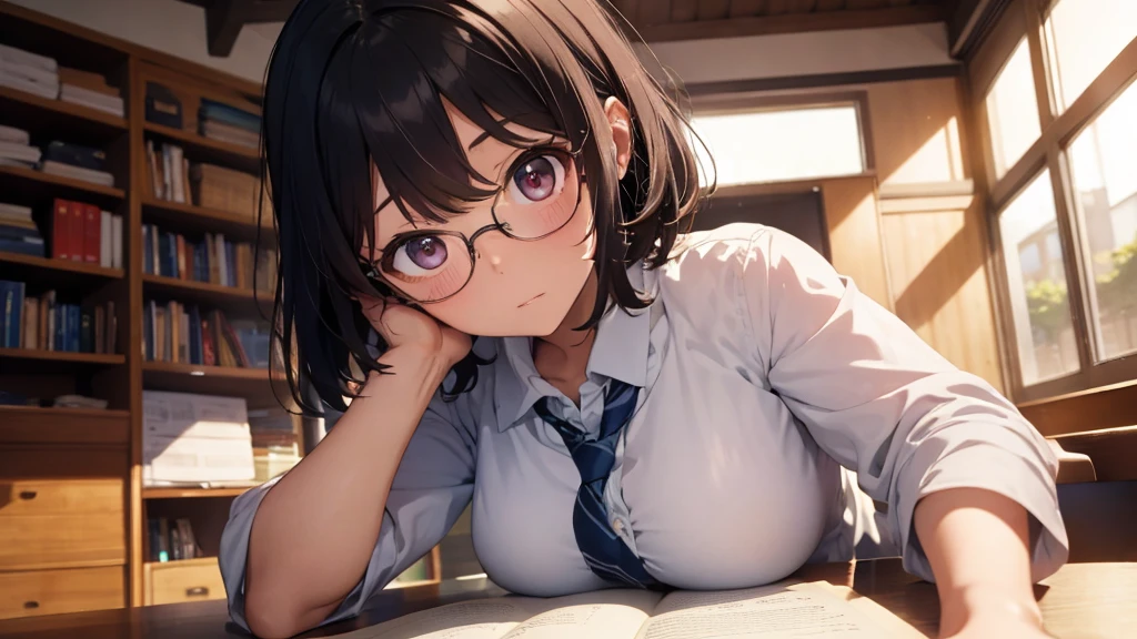 Falling asleep face down while studying at night、A cute girl wearing glasses that accentuate her breasts a little