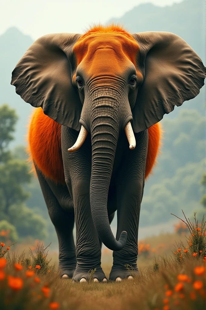 An elephant wear orange coat and ringing a call.