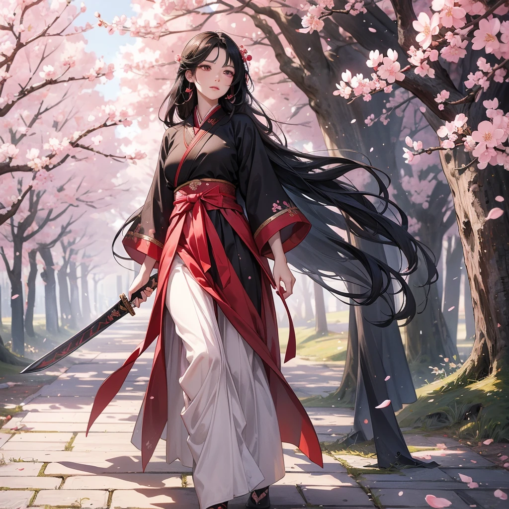 beautiful woman black-haired male general holding a large sword in hanfu dress, walking In the middle of a cherry blossom storm, cherry blossoms are falling from the trees, Behind them are cherry trees that are in full bloom.