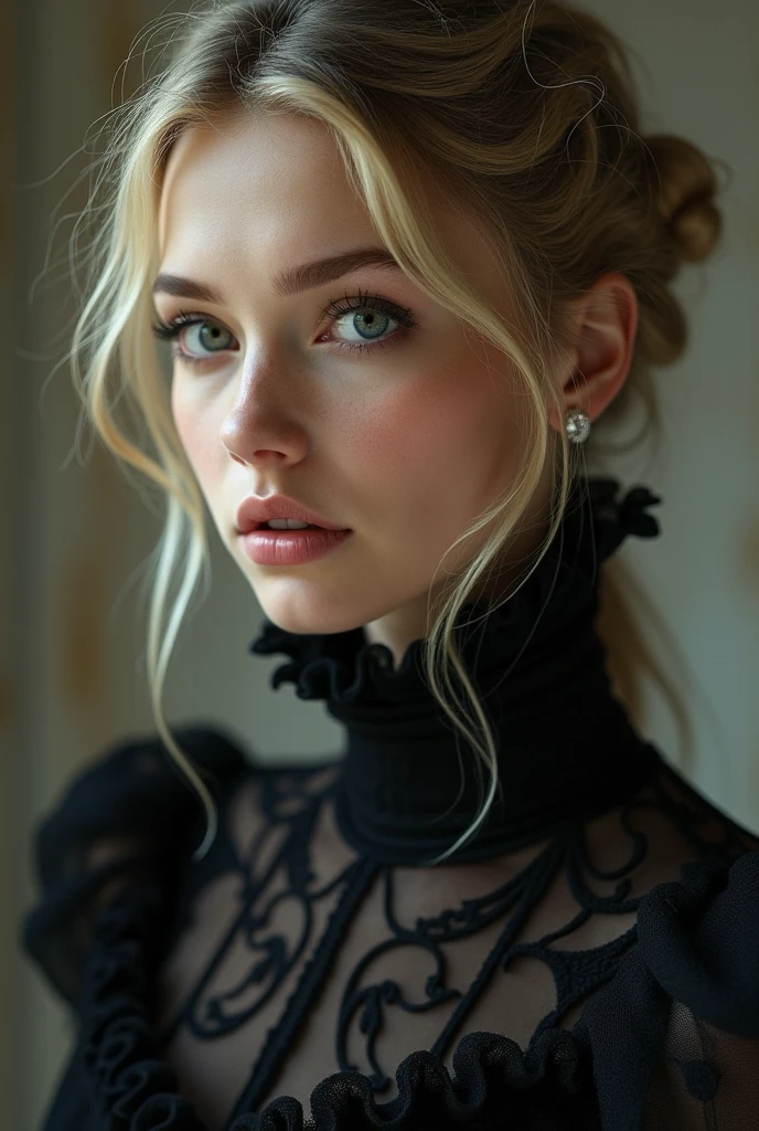 a close up of a woman wearing a mask, dreamy blonde girl, elegant render, half body photo, mistress, photoshop render, ebony rococo, elegant girl, female spy, haunting beautiful young woman, detailed face, extravagant dress, beauty girl, very femenine