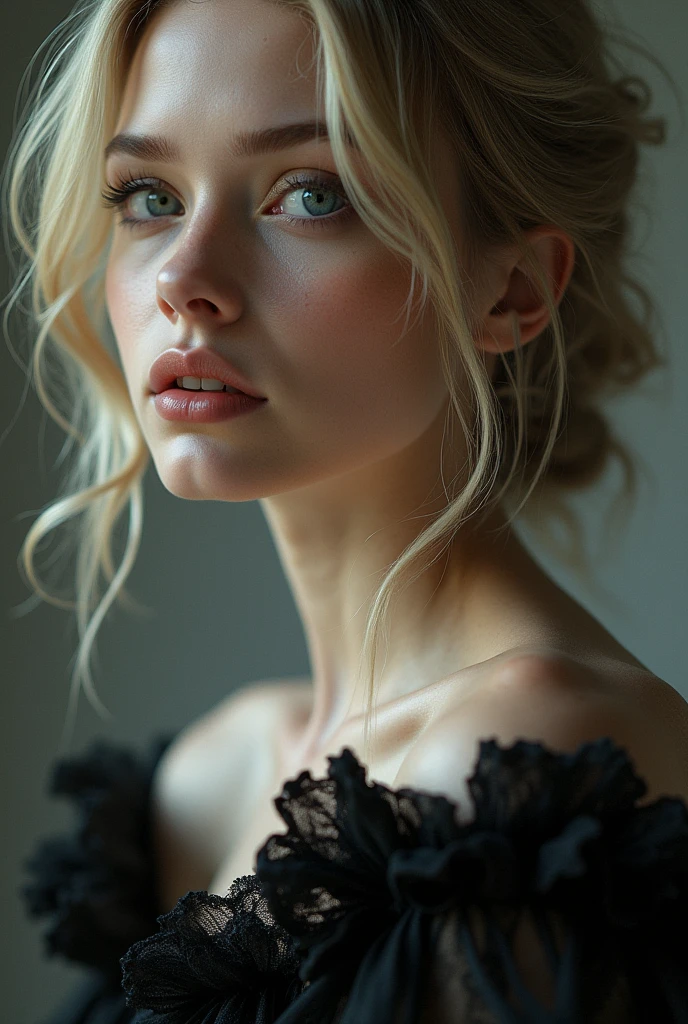 a close up of a woman wearing a mask, dreamy blonde girl, elegant render, half body photo, mistress, photoshop render, ebony rococo, elegant girl, female spy, haunting beautiful young woman, detailed face, extravagant dress, beauty girl, very femenine