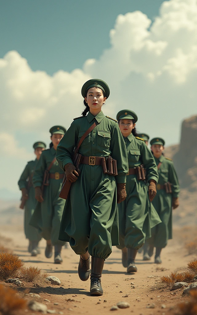 (best quality, master part, Melhor_qualidade, circunstanciado:1.5), Kachin Female Fighter (Myanmar): Dressed in worn-out military uniforms, wearing weathered hat or headband, Kachin Independence Army flag patch, with black hair styled in a braided and tucked-under style, paired with intense brown eyes in an epic Myanmar landscape
