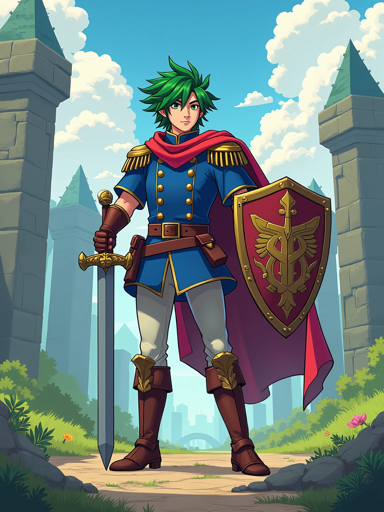 Final fantasy style, pixelated, character, cartoon, RPG character, legendary hero, 2D game isometric art, masterpiece, super detailing, holding sword in one hand and shield with coat of arms in other hand, digital quality at best , (blue military uniform), (green hair), (red fabric tied on the left shoulder).