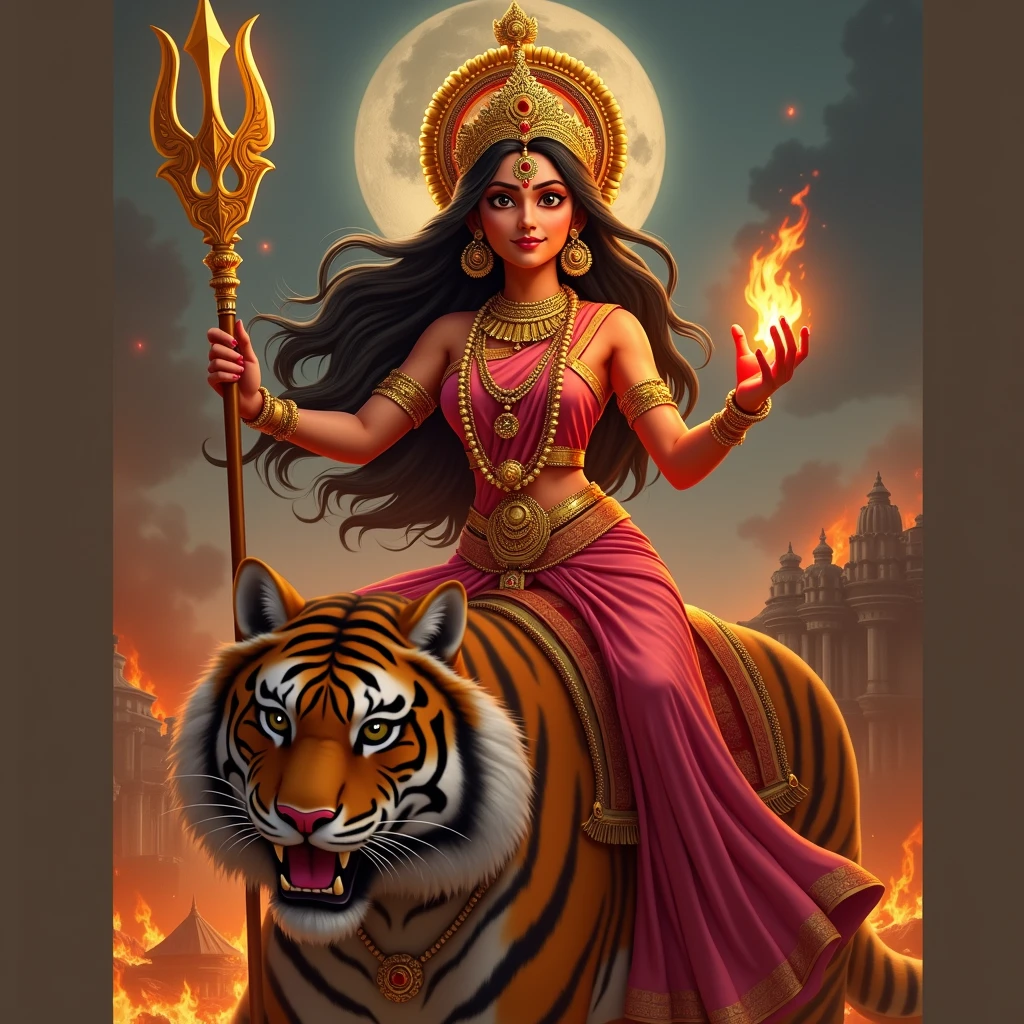 cinematic animated character art, shillouete of a woman dressed as godess durga in saree, riding a tiger , focused expression, wearing golden crown and holding a glowing trident, village set on fire in background, temple ruins, Chaos, moonlit night lighting, colour graded, vibrant, realism, 4khd