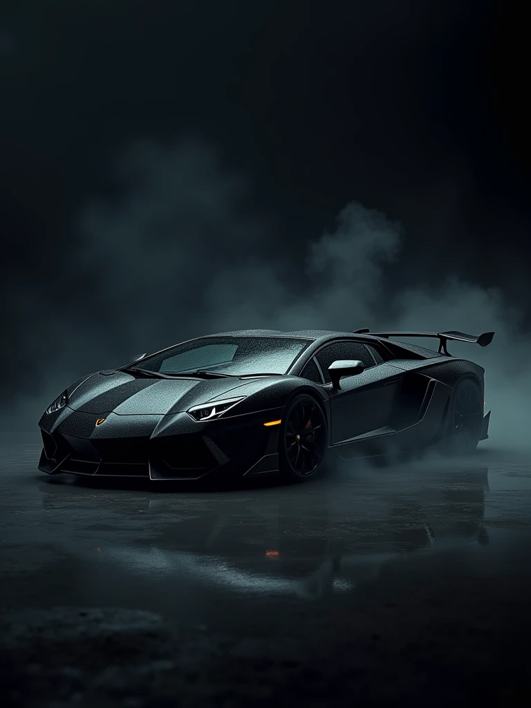 A striking cinematic photograph of a black Lamborghini Aventador, captured in exquisite detail against a dark, black background. The car is positioned aggressively, with smoke and haze billowing from beneath it, creating an eerie and mysterious atmosphere. The Lamborghini's sleek design and powerful stance evoke a sense of intimidation, as if it's a menacing creature from a dark fantasy realm., dark fantasy, photo, cinematic