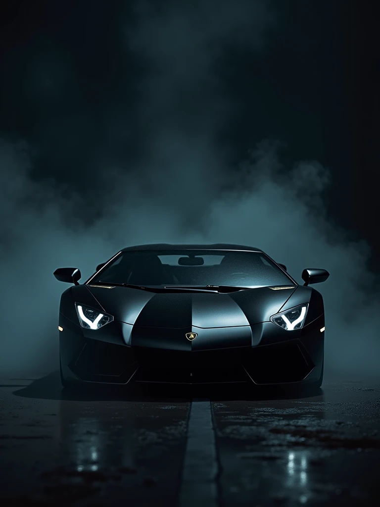 A striking cinematic photograph of a black Lamborghini Aventador, captured in exquisite detail against a dark, black background. The car is positioned aggressively, with smoke and haze billowing from beneath it, creating an eerie and mysterious atmosphere. The Lamborghini's sleek design and powerful stance evoke a sense of intimidation, as if it's a menacing creature from a dark fantasy realm., dark fantasy, photo, cinematic