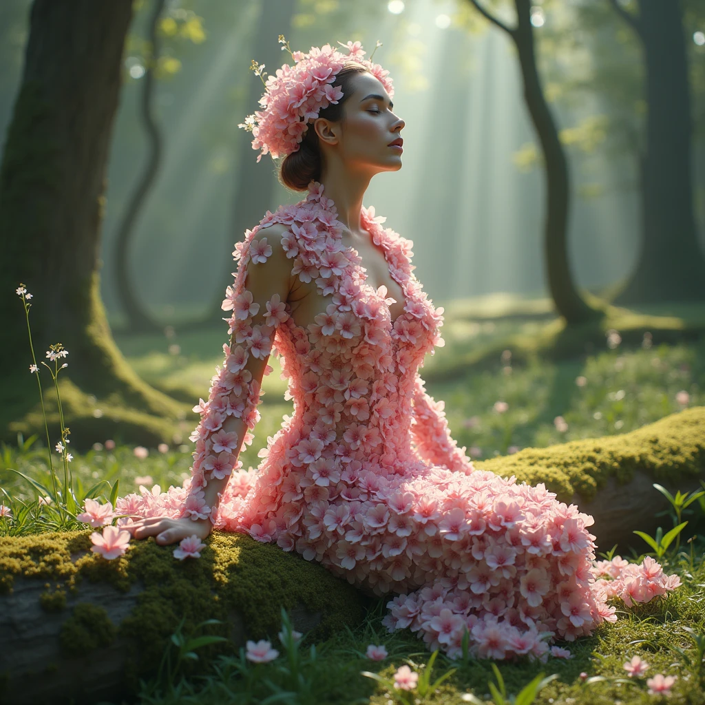 (canon 50) high resolution, intenseglare, 8k, a one woman. Her skin is made of pink flowers all over her body. She is sitting on a slimy log. The scene is a forest with spaced trees, that shines beams of sunlight on her skin and the grass on the ground. She looks up at the sky with half-closed eyes., as if you were feeling the sun's rays touching your skin