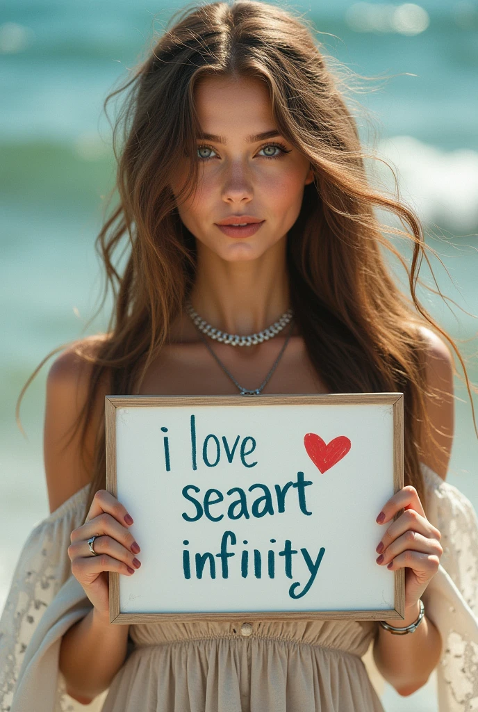 Beautiful girl with wavy long hair, bohemian dress, holding a white board with text "I Love Seaart Infinity" and showing it to the viewer