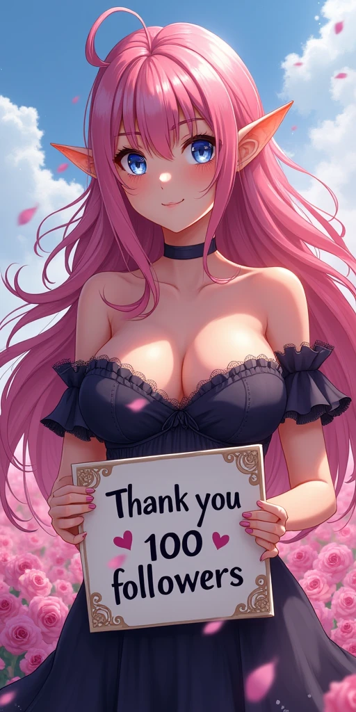 (best quality, ultra-detailed, photorealistic: 1.39), bright and vibrant colors, studio lighting, romantic expression, An effeminate girl, with a delicate and beautiful face. Beautiful and seductive adult elf with her big breasts seduces, thank you card for 100 followers, hearts and kisses emoji, Yu-Gi-Oh style letter, purple details on the sides of the card, heart shaped poster, beautiful smile, Cute girl with big round breasts, with sparkling blue eyes, she wears a black dress with snowflakes on the dress, a field of roses in the background , her wavy pink hair with beautiful bangs meets with the blowing wind, she holds a sign written a message of thanks, manga style, anime features manga style, fully body , she is in love, anime style