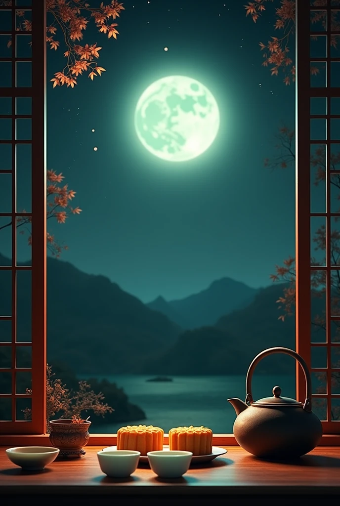 Full Moon Mid-Autumn Night，The moonlight outside the window。A bright moon hangs high in the sky，Bright as jade,The light flows。On the plate on the table are two golden、Fragrant mooncakes,Three or two white jade ceramic cups next to the cast iron kettle.Exuding a strong Mid-Autumn Festival flavor。(best quality,4K,8k,high resolution,masterpiece:1.2),Super detailed,(Practical,photoPractical,photo-Practical:1.37)