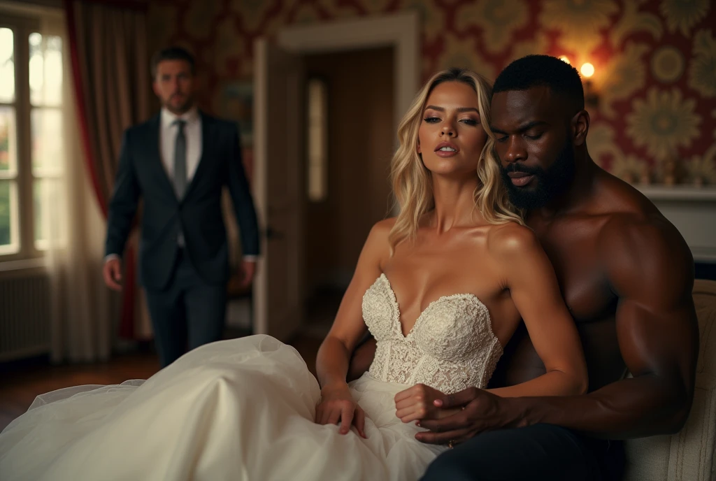 Magnificent detail, 8K Photos, hyper- realism, realistic background, visual depth, wide angle lens, professional light, all-body. {A cena mostra uma uma noiva linda loira de 25 anos com vestido de noiva virando os olhos pra cima expressando prazer sexual sentada Kalem sofá abraçando um homem ????? forte musculoso, while another man who is her white blond fiancé is in the background of the photo, entering through the door and witnessing the scene with surprise.} {The bride wears a dress that really highlights her body, It has a strapless neckline, one breast is out of the dress.} {The bride has her mouth open expressing feeling an intense ??????}. {The groom is dressed in a traditional wedding suit and a stylishly arranged slim tie.. She expresses despair at the sight of the scene.} {The black man holds the blonde's breasts with an expression of sexual pleasure. He is shirtless, without any item of clothing, Kale, but her private parts are covered by the bride's dress} {the bride is on the black man's lap, hugging him from the front.} betrayal. sensual image. adult content