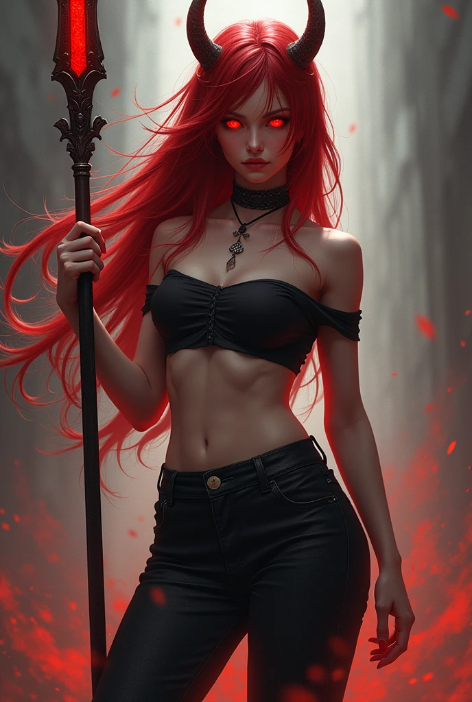 Young woman, pale red-red hair, off-the-shoulder, off-the-waist tank top, black trousers, shoes, Red eyes, red demon horns, full length, spear with a ruby tip