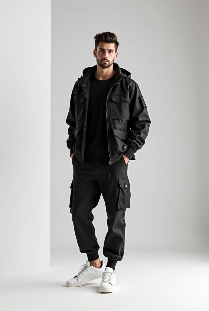 man with white sneakers and black cargo pants