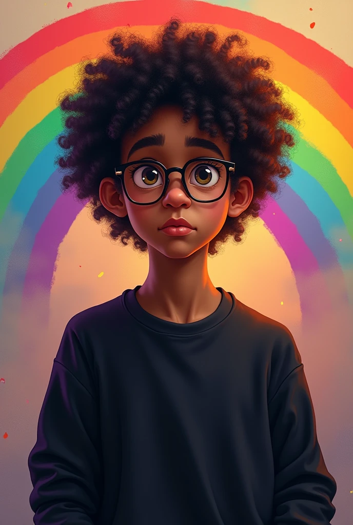 a light-skinned brown ager, Scrawny, with short curly hair, wearing glasses, with a black sweatshirt, large nose, a serious expression and a rainbow lgbt background